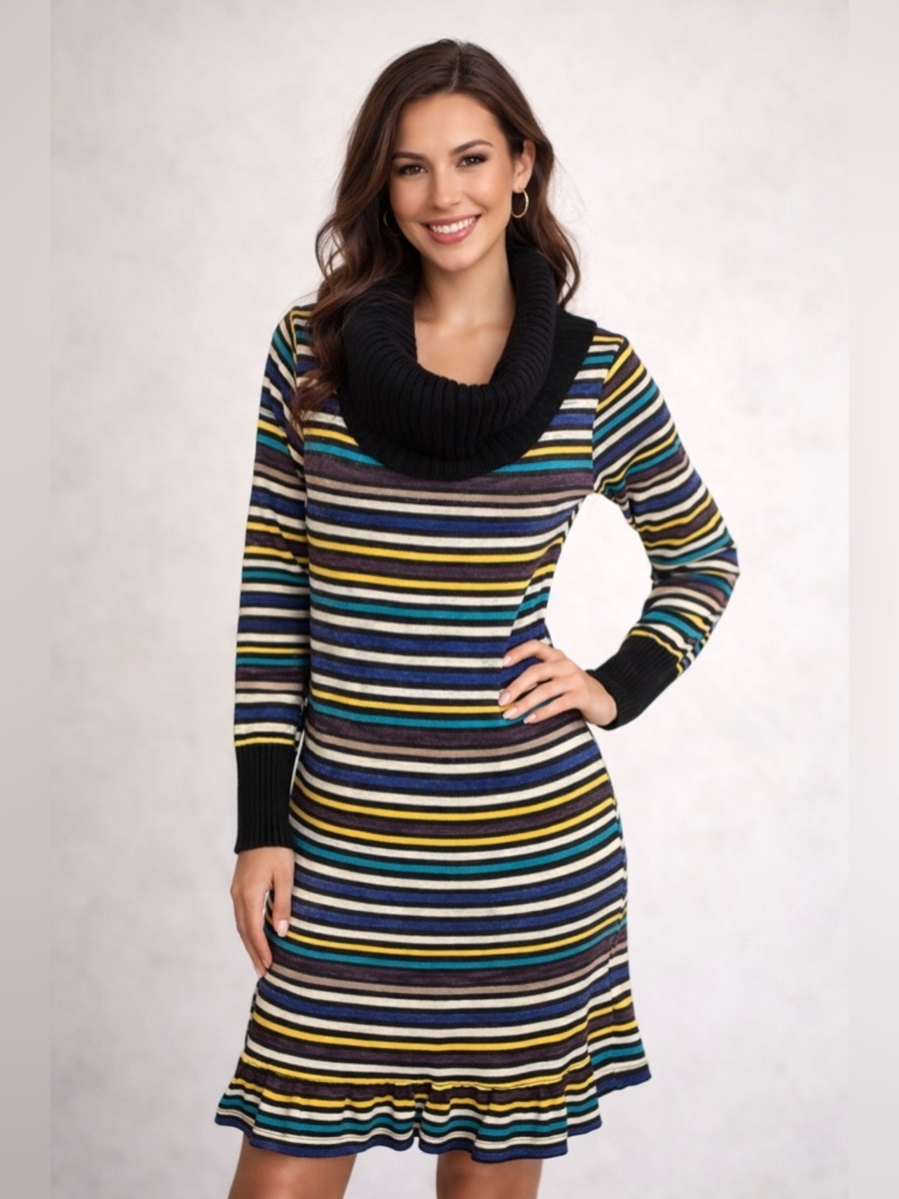 Hazel Striped Sweater Dress Sz L Cowl Neck Knit Multicolor Boho Cozy Wool Look